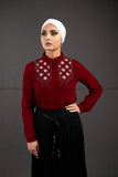 SALE Wine Red Embroidery Shirt | Geometric Pattern - E-Modesta